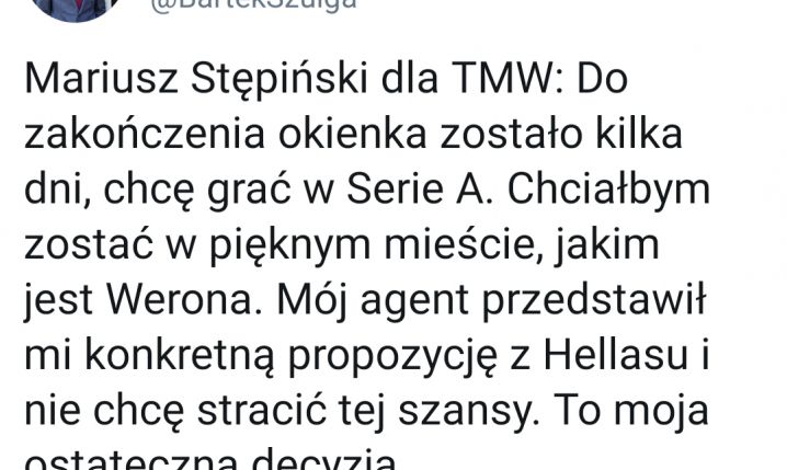 Stępiński ZDECYDOWANY na transfer do Hellas Werona